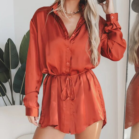 Shirt Dress Romper in Burnt Orange Sunset Satin Waist Tie Long Sleeve Button Dow - Picture 1 of 4